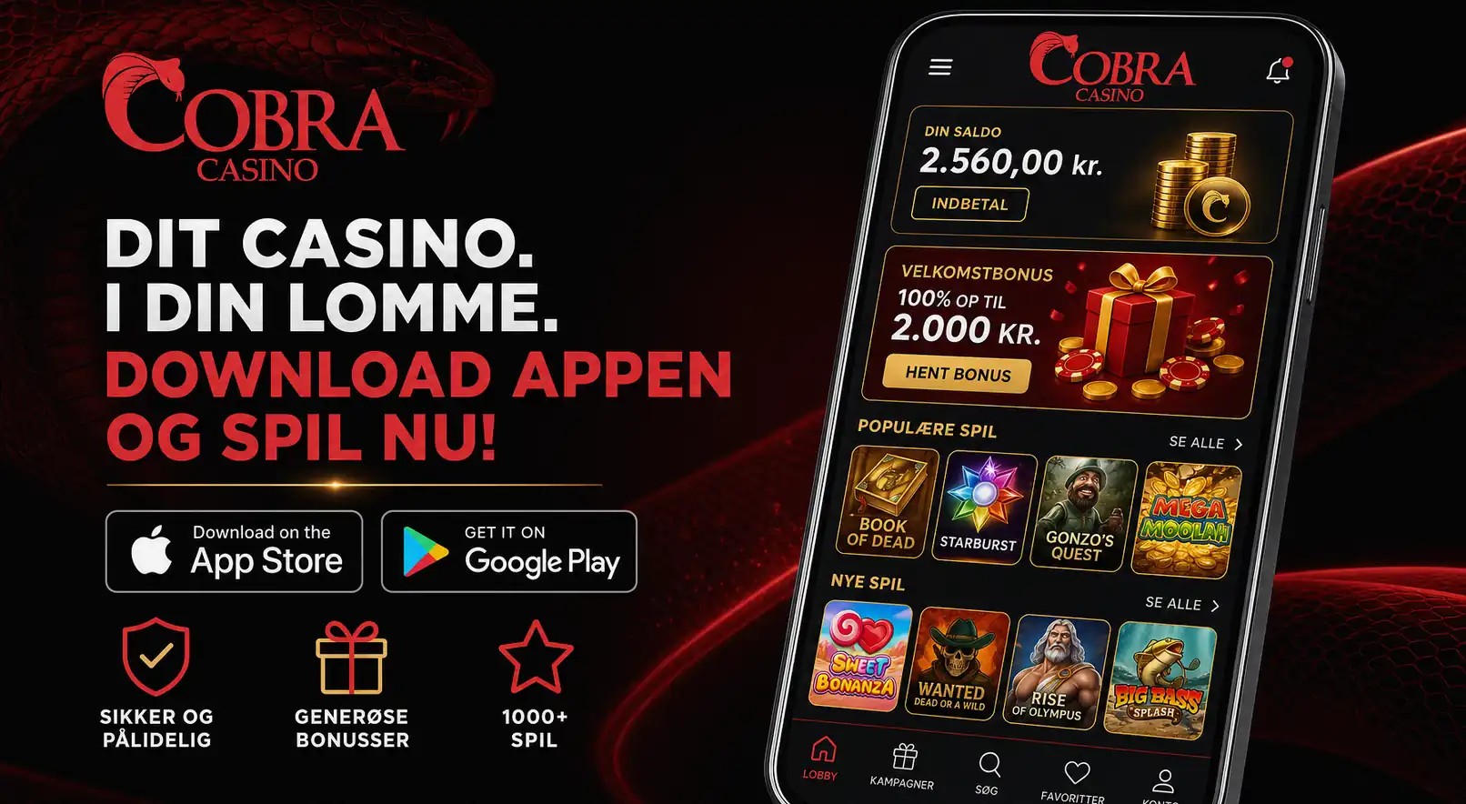 Mobile app download promo for LalaBet Casino with App Store and Google Play badges, localized for DK.