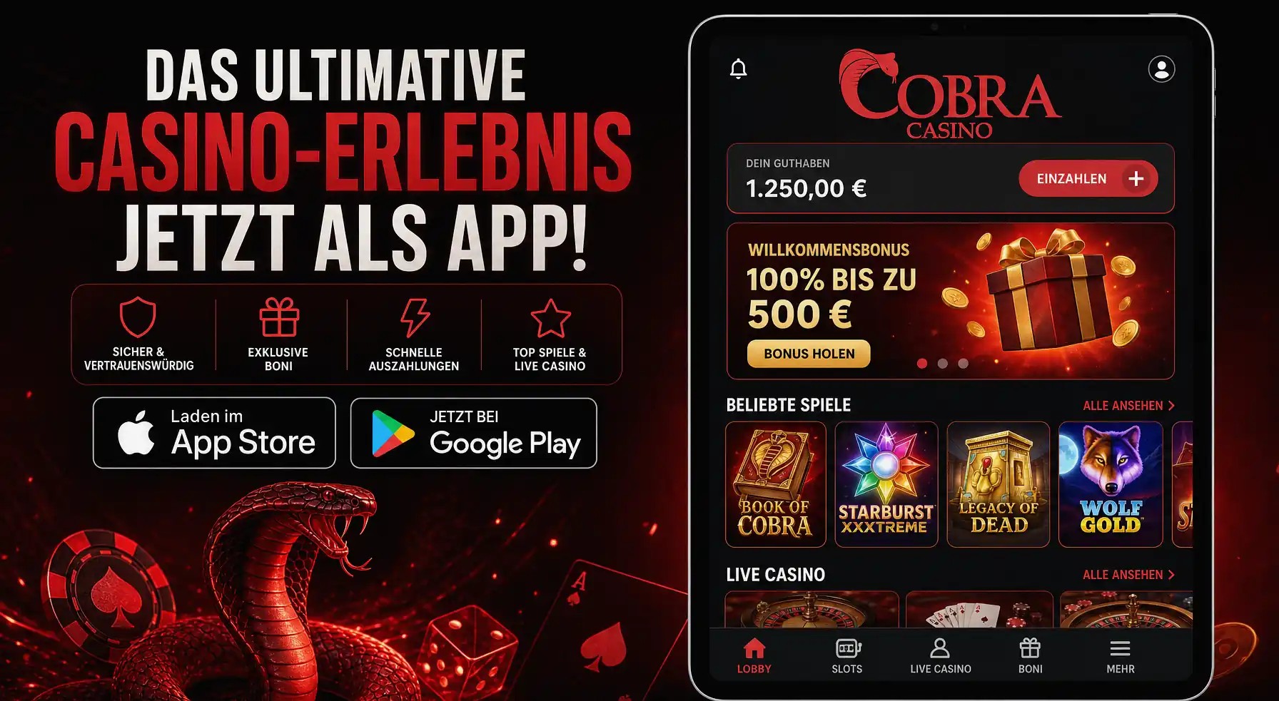 Mobile app download promo for LalaBet Casino with App Store and Google Play badges, localized for DE.