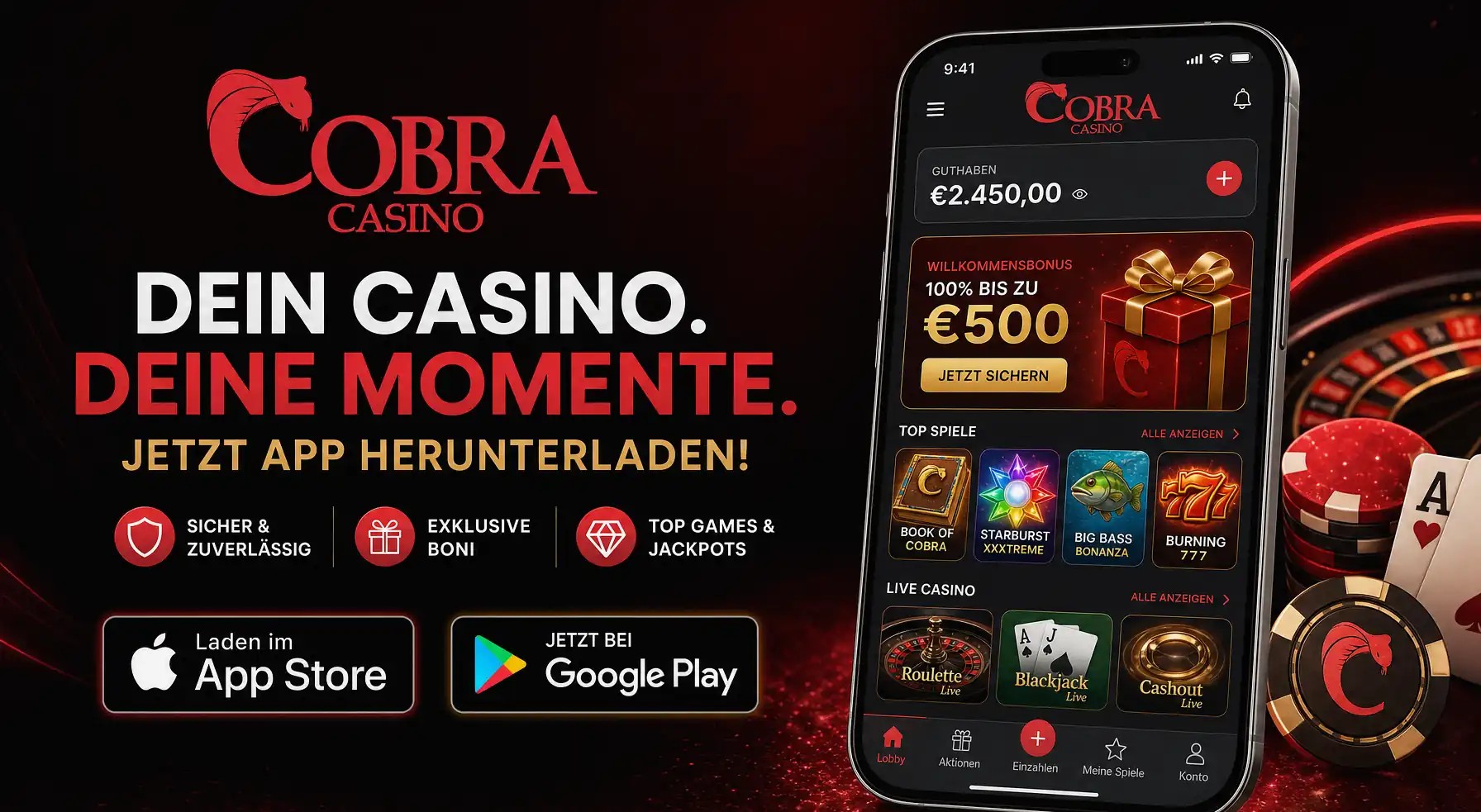 Mobile app download promo for LalaBet Casino with App Store and Google Play badges, localized for AT.