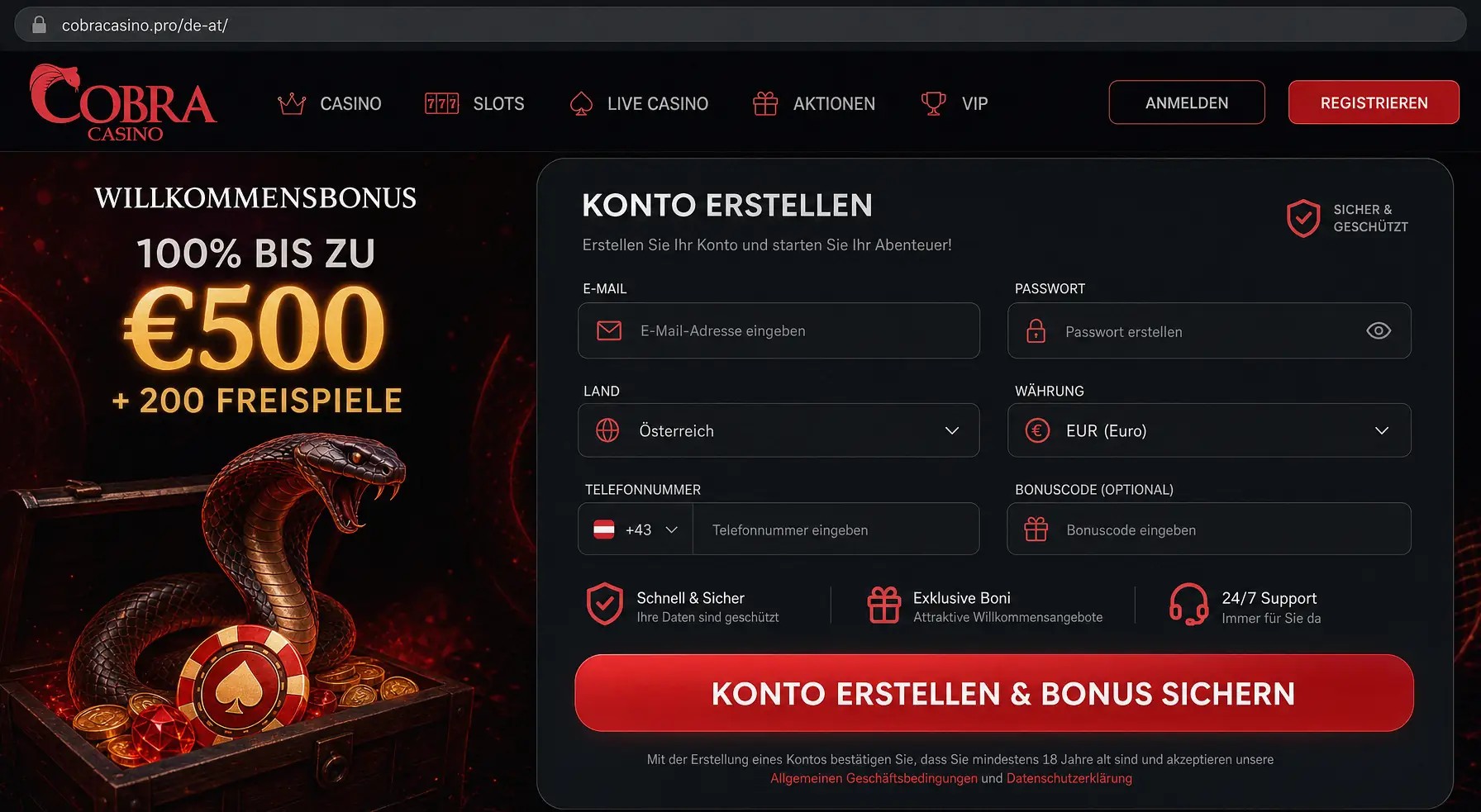 Sign-up and registration screen for LalaBet Casino online casino, localized for AT.