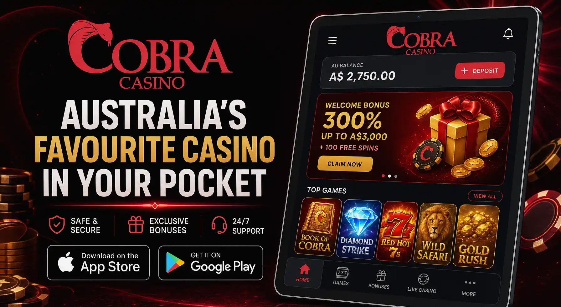 Mobile app download promo for LalaBet Casino with App Store and Google Play badges, localized for AU.