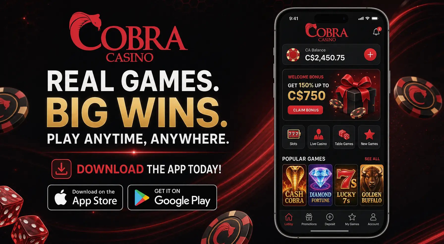 Mobile app download promo for LalaBet Casino with App Store and Google Play badges, localized for CA.