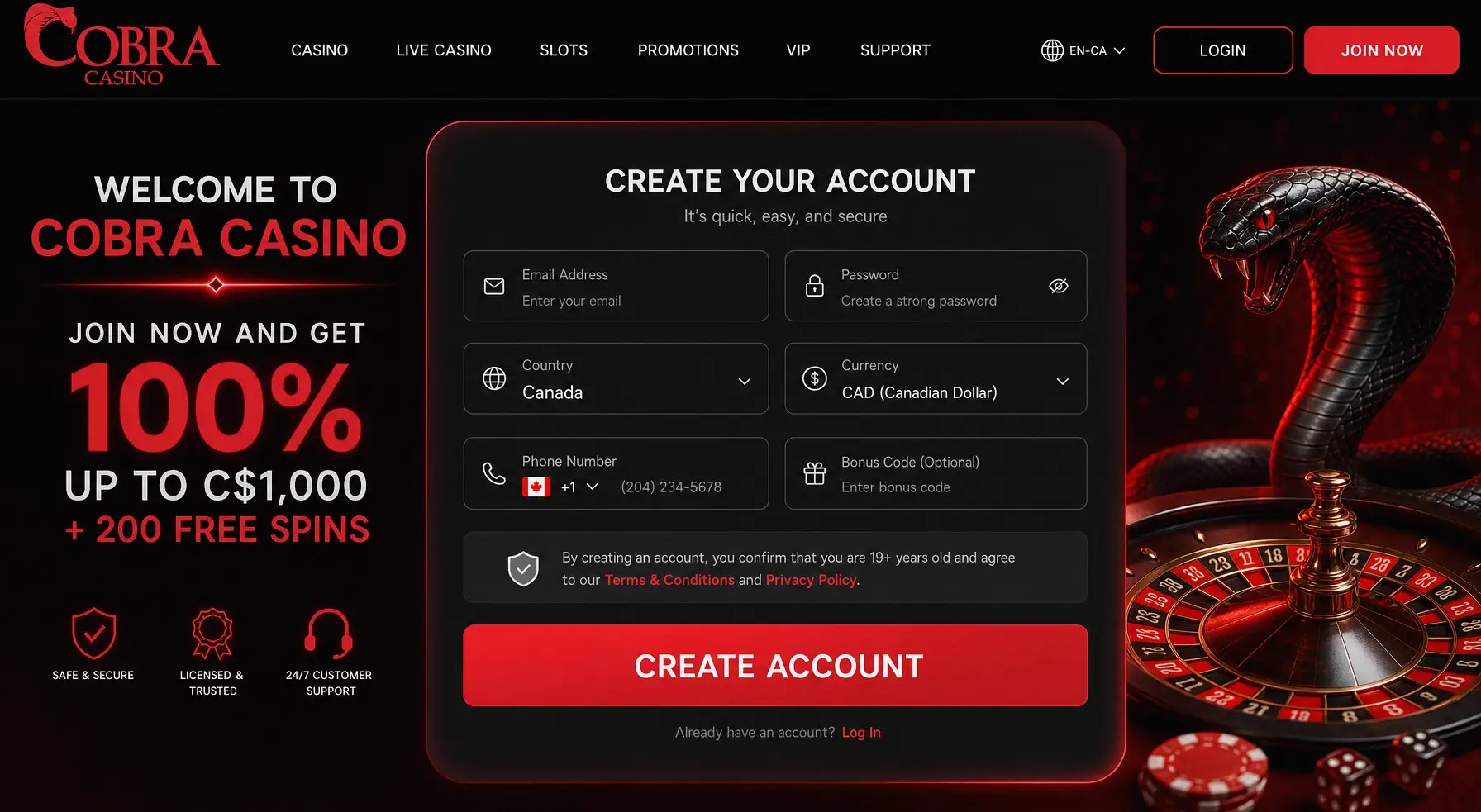 Sign-up and registration screen for LalaBet Casino online casino, localized for CA.