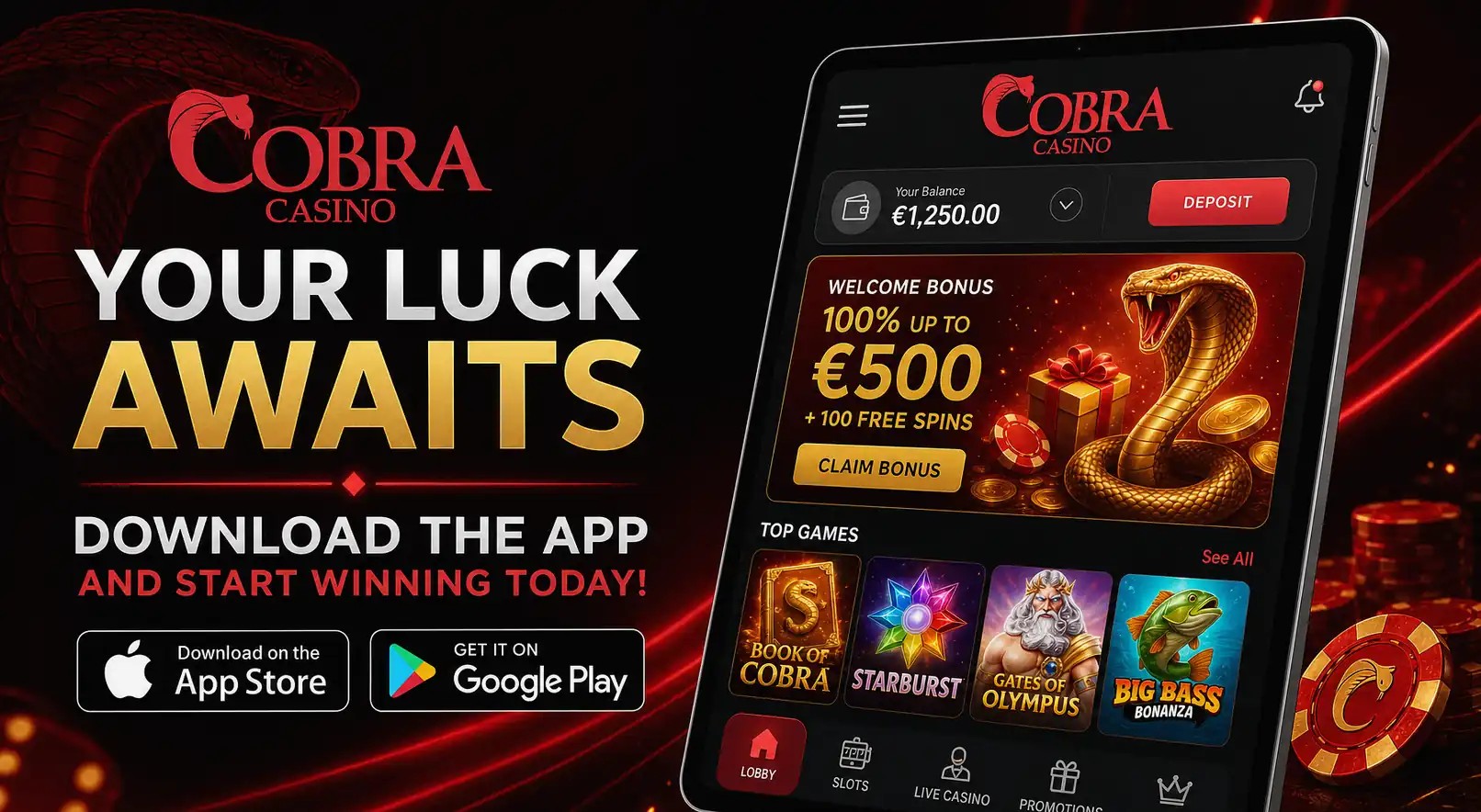 Mobile app download promo for LalaBet Casino with App Store and Google Play badges, localized for IE.
