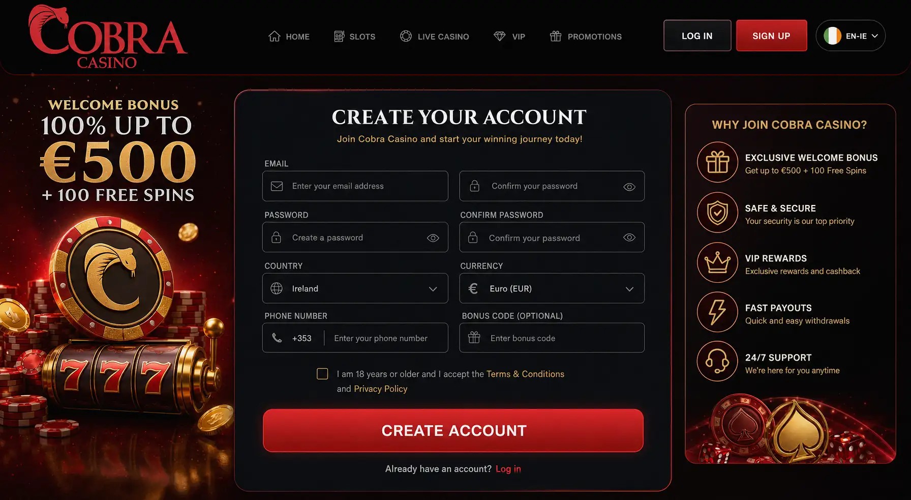 Sign-up and registration screen for LalaBet Casino online casino, localized for IE.