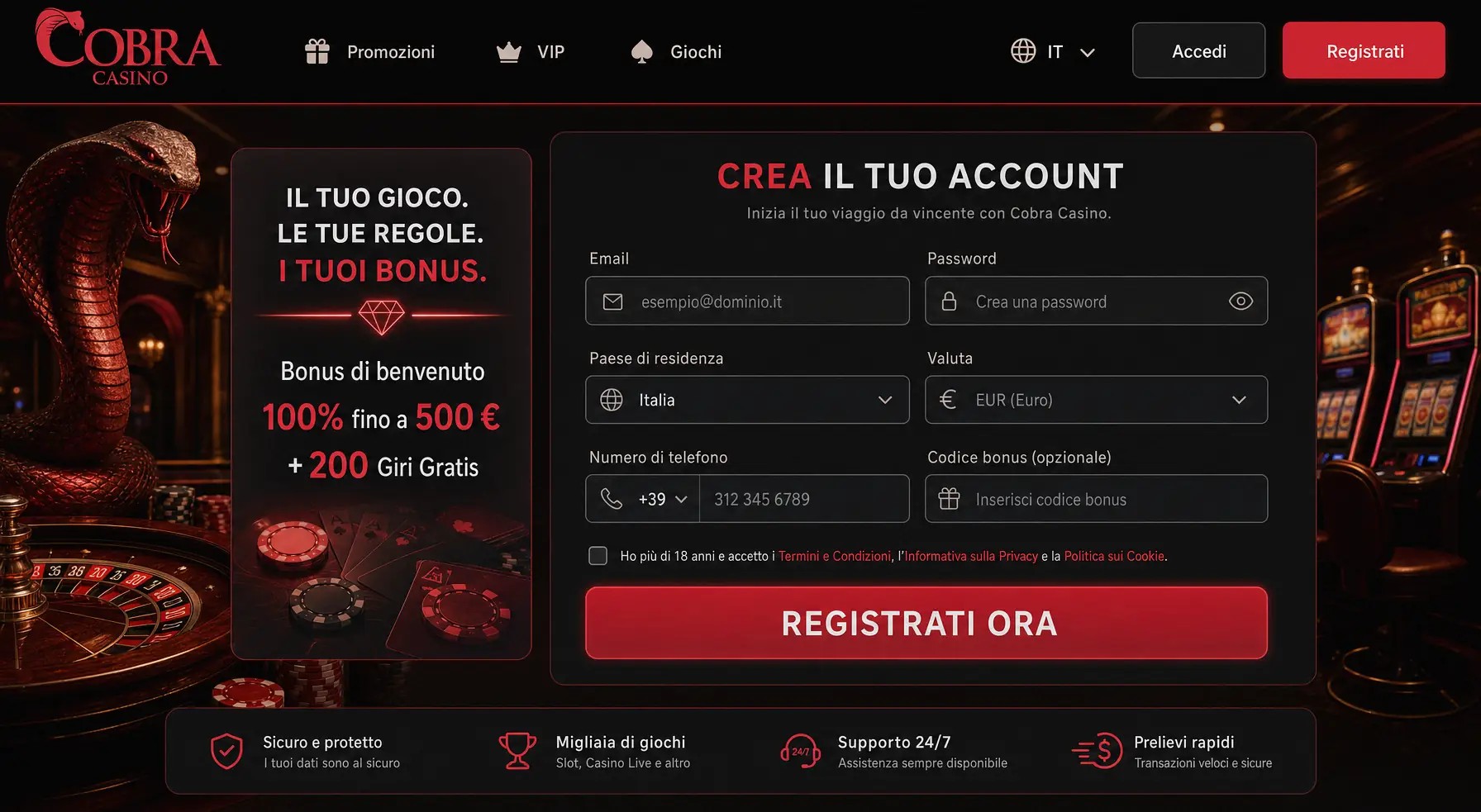Sign-up and registration screen for LalaBet Casino online casino, localized for IT.