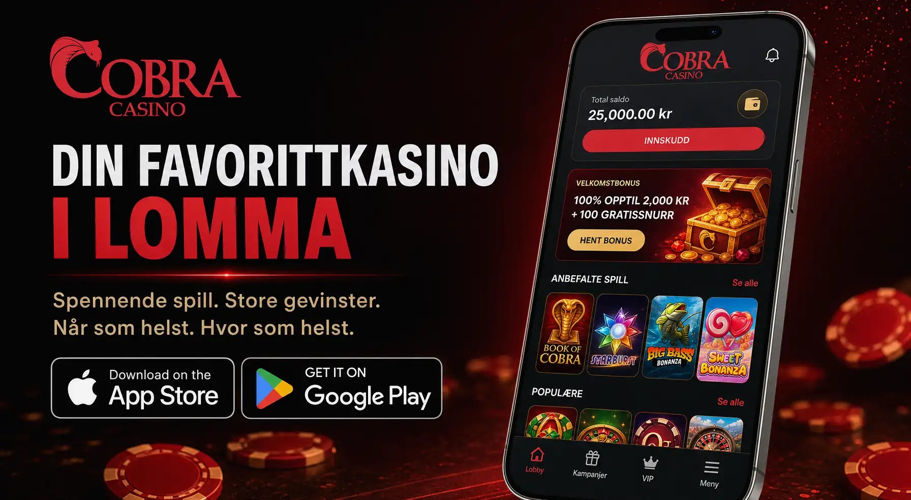 Mobile app download promo for LalaBet Casino with App Store and Google Play badges, localized for NO.