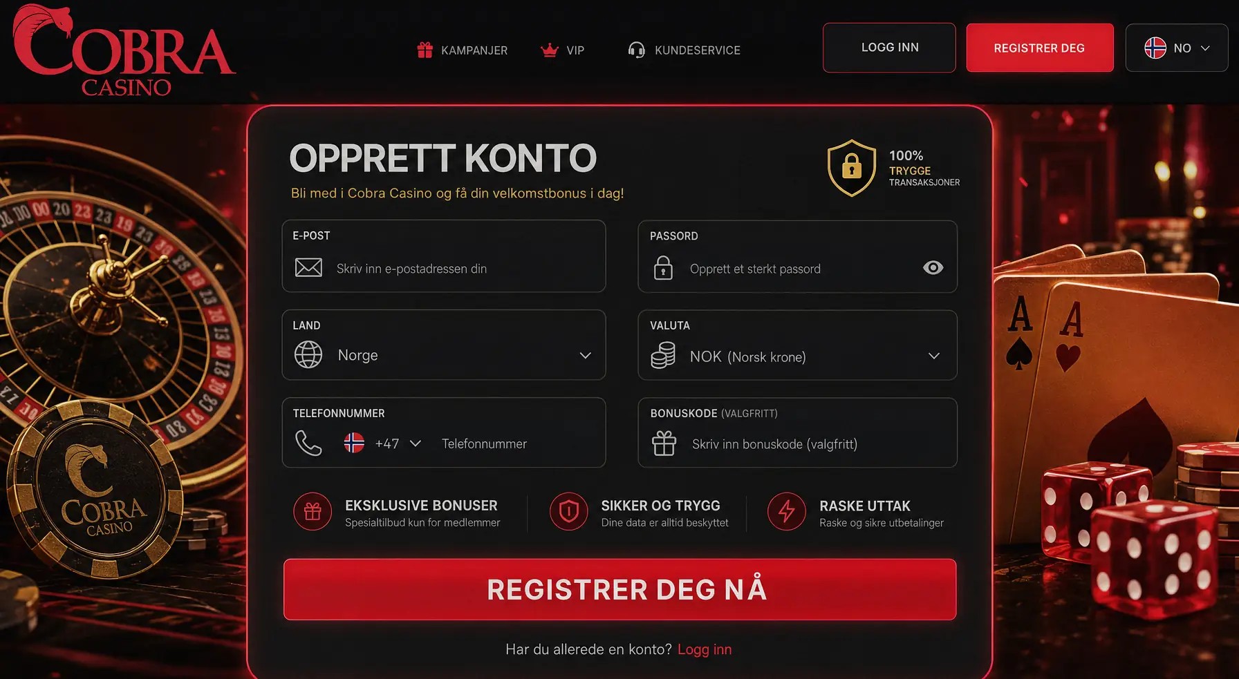 Sign-up and registration screen for LalaBet Casino online casino, localized for NO.