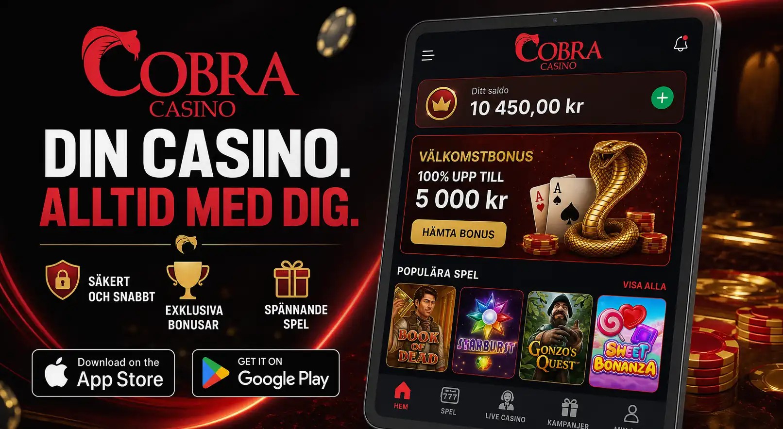 Mobile app download promo for LalaBet Casino with App Store and Google Play badges, localized for SV.
